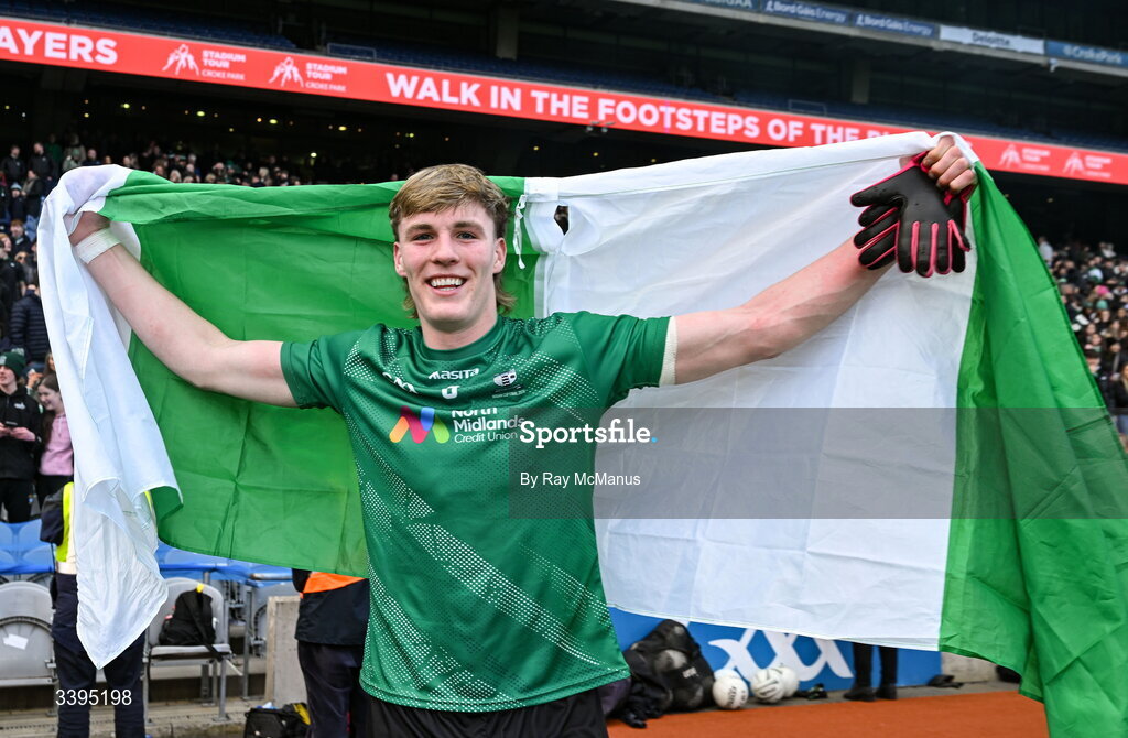 17 March 2026; Críostóir Ormsby of Coláiste Mhuire, Mullingar, celebrates after the Masita GAA Post Primary Schools Hogan Cup final match between Coláiste Mhuire Mullingar, Westmeath, and Tralee CBS, Kerry,  at Croke Park in Dublin. Photo by Ray McManus/Sportsfile