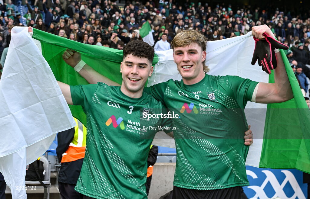 17 March 2026; Ty Masterson and Críostóir Ormsby of Coláiste Mhuire, Mullingar, celebrate after  the Masita GAA Post Primary Schools Hogan Cup final match between Coláiste Mhuire Mullingar, Westmeath, and Tralee CBS, Kerry,  at Croke Park in Dublin. Photo by Ray McManus/Sportsfile