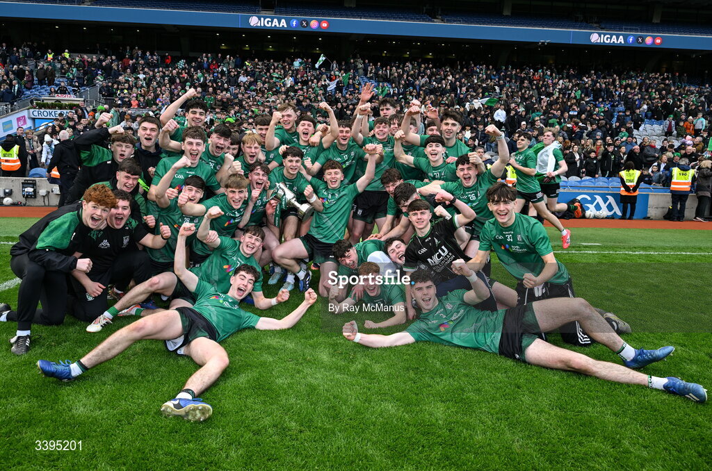 17 March 2026; Coláiste Mhuire, Mullingar, players celebrate after the Masita GAA Post Primary Schools Hogan Cup final match between Coláiste Mhuire Mullingar, Westmeath, and Tralee CBS, Kerry,  at Croke Park in Dublin. Photo by Ray McManus/Sportsfile