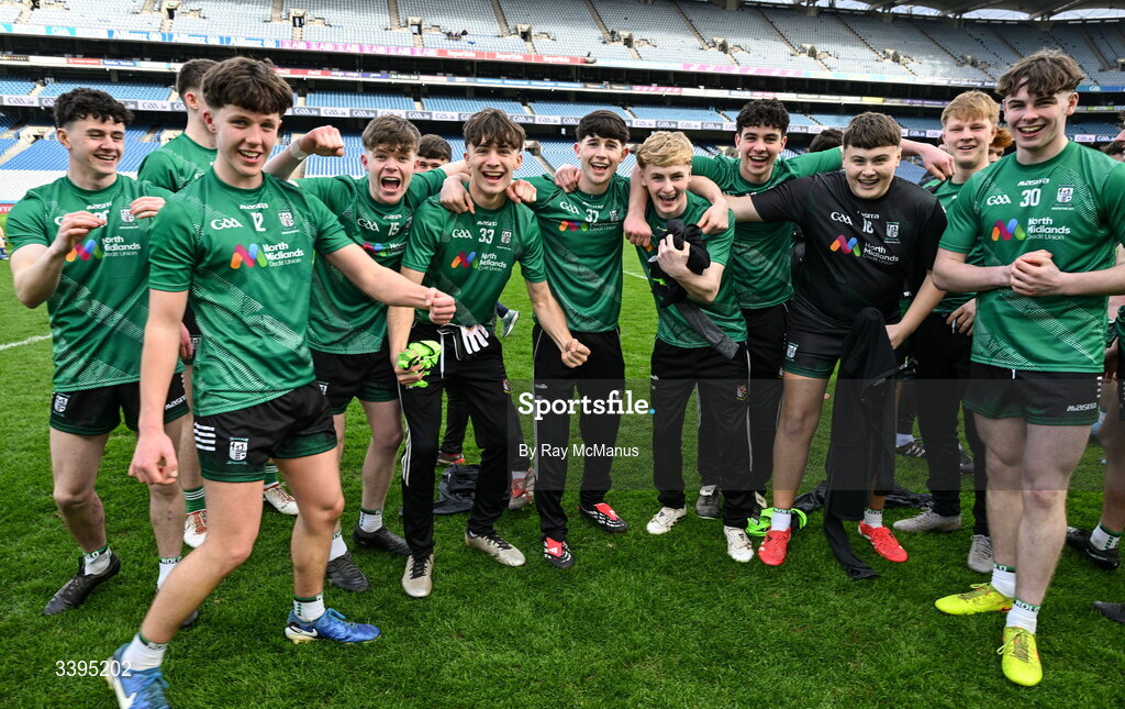 17 March 2026; Coláiste Mhuire, Mullingar, players celebrate after the Masita GAA Post Primary Schools Hogan Cup final match between Coláiste Mhuire Mullingar, Westmeath, and Tralee CBS, Kerry, at Croke Park in Dublin. Photo by Ray McManus/Sportsfile
