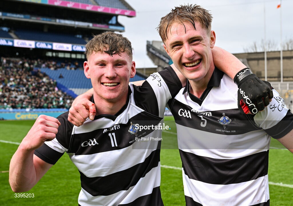 17 March 2026; Jake Mullen of St Kieran's College and Bill McDermott of St Kieran's College celebrate at full-time after the Masita GAA Post Primary Schools Croke Cup final match between Presentation College Athenry, Galway, and St Kieran's College, Kilkenny, at Croke Park in Dublin. Photo by Paul Phelan/Sportsfile