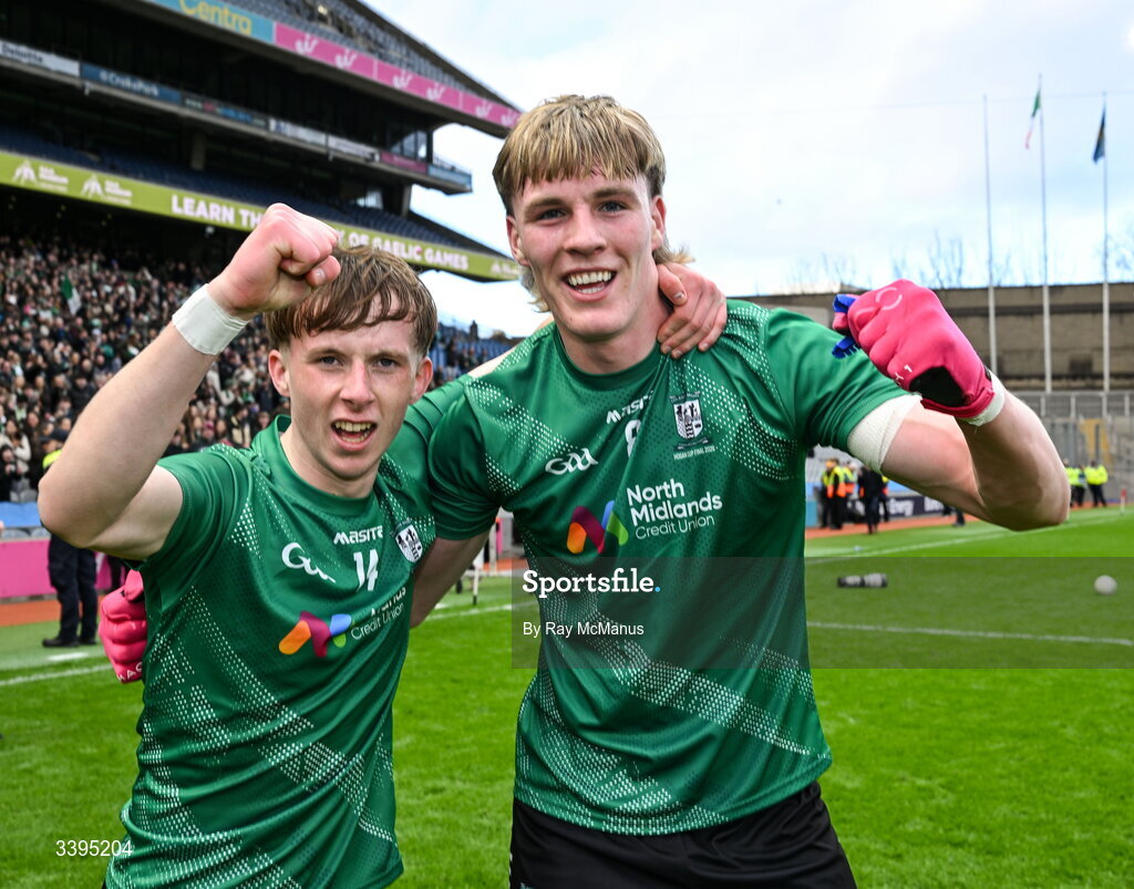 17 March 2026; Finn Higgins and Críostóir Ormsby of Coláiste Mhuire, Mullingar celebrate after the Masita GAA Post Primary Schools Hogan Cup final match between Coláiste Mhuire Mullingar, Westmeath, and Tralee CBS, Kerry,  at Croke Park in Dublin. Photo by Ray McManus/Sportsfile