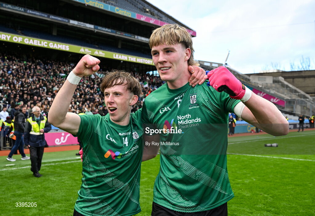 17 March 2026; Finn Higgins and Críostóir Ormsby of Coláiste Mhuire, Mullingar celebrate after the Masita GAA Post Primary Schools Hogan Cup final match between Coláiste Mhuire Mullingar, Westmeath, and Tralee CBS, Kerry,  at Croke Park in Dublin. Photo by Ray McManus/Sportsfile