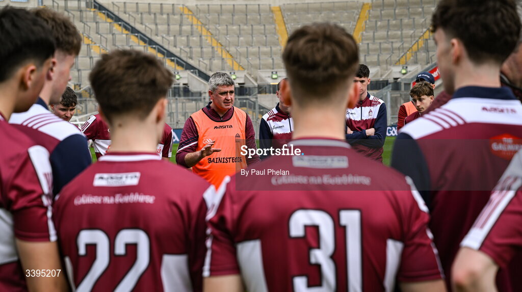 17 March 2026; Athenry manager Michael Finn talks to his players after the Masita GAA Post Primary Schools Croke Cup final match between Presentation College Athenry, Galway, and St Kieran's College, Kilkenny, at Croke Park in Dublin. Photo by Paul Phelan/Sportsfile