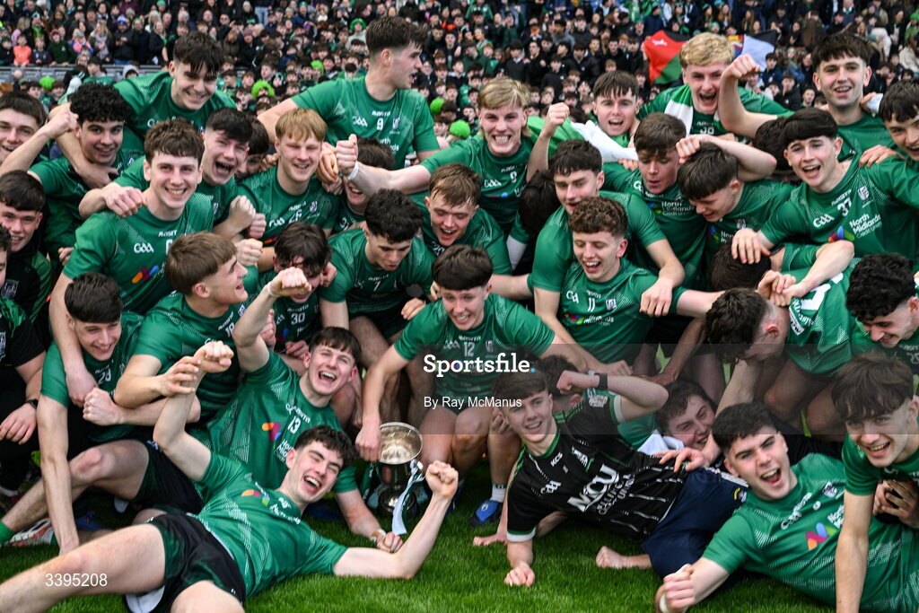 17 March 2026; Coláiste Mhuire, Mullingar, players celebrate after the Masita GAA Post Primary Schools Hogan Cup final match between Coláiste Mhuire Mullingar, Westmeath, and Tralee CBS, Kerry,  at Croke Park in Dublin. Photo by Ray McManus/Sportsfile