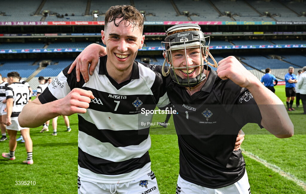 17 March 2026; Ben McEvoy of St Kieran's College and St Kieran's College goalkeeper Cian Dermody celebrate at full-time after the Masita GAA Post Primary Schools Croke Cup final match between Presentation College Athenry, Galway, and St Kieran's College, Kilkenny, at Croke Park in Dublin. Photo by Paul Phelan/Sportsfile