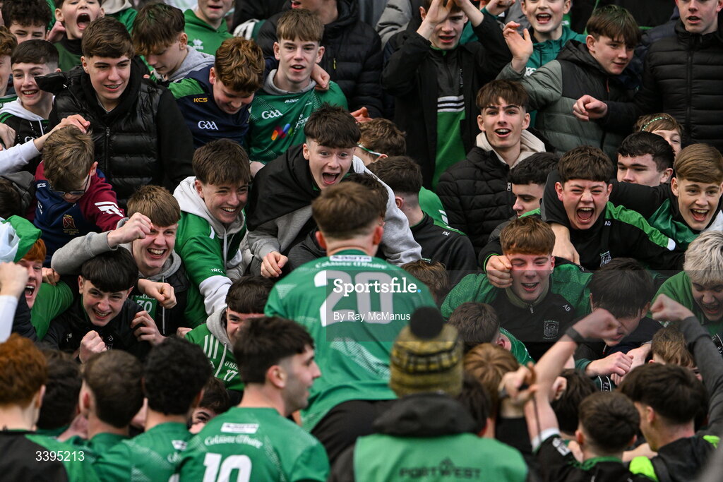 17 March 2026; Coláiste Mhuire, Mullingar, supporters celebrate  with Seán Hayes, 20, after the Masita GAA Post Primary Schools Hogan Cup final match between Coláiste Mhuire Mullingar, Westmeath, and Tralee CBS, Kerry, at Croke Park in Dublin. Photo by Ray McManus/Sportsfile