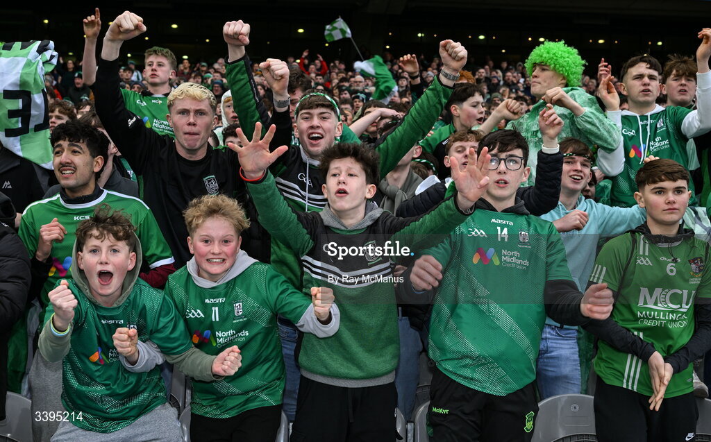 17 March 2026; Coláiste Mhuire, Mullingar, supporters celebrate a late score during the Masita GAA Post Primary Schools Hogan Cup final match between Coláiste Mhuire Mullingar, Westmeath, and Tralee CBS, Kerry,  at Croke Park in Dublin. Photo by Ray McManus/Sportsfile