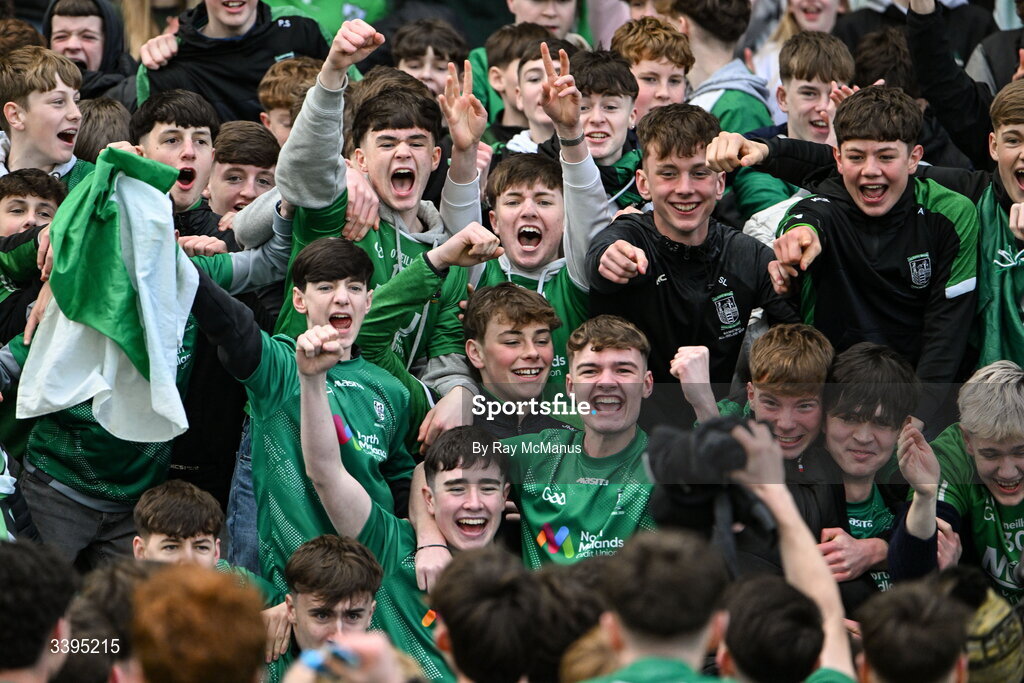 17 March 2026; Coláiste Mhuire, Mullingar, supporters celebrate after the Masita GAA Post Primary Schools Hogan Cup final match between Coláiste Mhuire Mullingar, Westmeath, and Tralee CBS, Kerry, at Croke Park in Dublin. Photo by Ray McManus/Sportsfile
