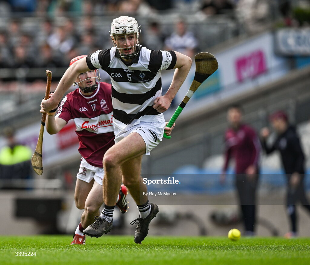 17 March 2026; Bill McDermott of St Kieran's College is tackled by Ciarán Leen of Athenry during the Masita GAA Post Primary Schools Croke Cup final match between Presentation College Athenry, Galway, and St Kieran's College, Kilkenny, at Croke Park in Dublin. Photo by Ray McManus/Sportsfile