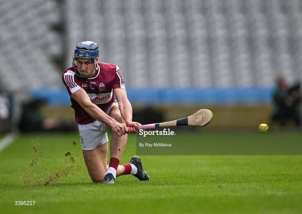 17 March 2026; Ciarán Leen of Athenry strikes a line ball during the Masita GAA Post Primary Schools Croke Cup final match between Presentation College Athenry, Galway, and St Kieran's College, Kilkenny, at Croke Park in Dublin. Photo by Ray McManus/Sportsfile