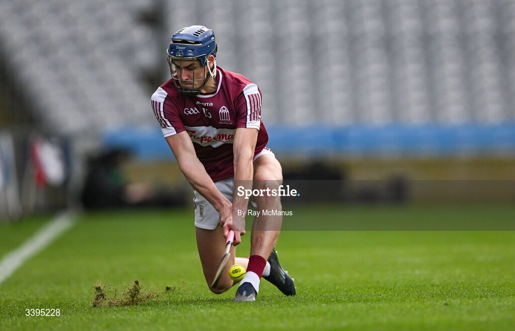 17 March 2026; Ciarán Leen of Athenry strikes a line ball during the Masita GAA Post Primary Schools Croke Cup final match between Presentation College Athenry, Galway, and St Kieran's College, Kilkenny, at Croke Park in Dublin. Photo by Ray McManus/Sportsfile