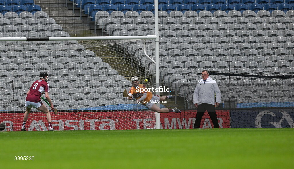 17 March 2026; Athenry goalkeeper Cathal Mannion makes a save during the Masita GAA Post Primary Schools Croke Cup final match between Presentation College Athenry, Galway, and St Kieran's College, Kilkenny, at Croke Park in Dublin. Photo by Ray McManus/Sportsfile