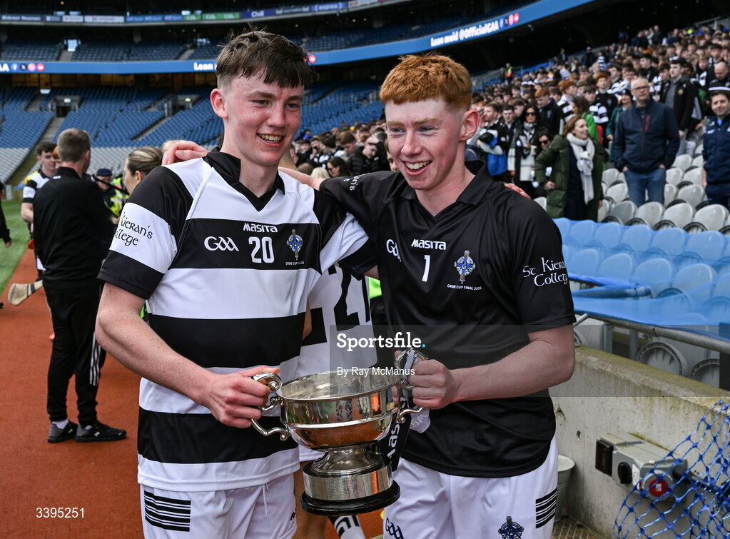 17 March 2026; Brian Hickey and St Kieran's College goalkeeper Cian Dermody celebrate after the Masita GAA Post Primary Schools Croke Cup final match between Presentation College Athenry, Galway, and St Kieran's College, Kilkenny, at Croke Park in Dublin. Photo by Ray McManus/Sportsfile