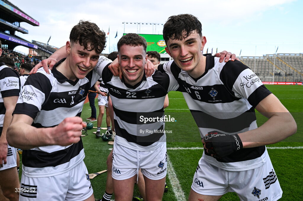 17 March 2026; Dan Carroll, Hugh Whelan and Louis Raggett of St Kieran's College celebrate after the Masita GAA Post Primary Schools Croke Cup final match between Presentation College Athenry, Galway, and St Kieran's College, Kilkenny, at Croke Park in Dublin. Photo by Ray McManus/Sportsfile