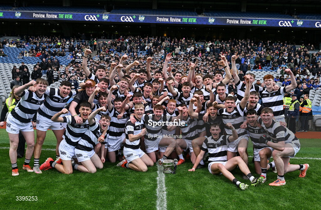 17 March 2026; St Kieran's College players celebrate with the Croke Cup after the Masita GAA Post Primary Schools Croke Cup final match between Presentation College Athenry, Galway, and St Kieran's College, Kilkenny, at Croke Park in Dublin. Photo by Ray McManus/Sportsfile