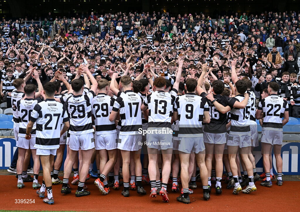 17 March 2026; St Kieran's College players and supporters celebrate after the Masita GAA Post Primary Schools Croke Cup final match between Presentation College Athenry, Galway, and St Kieran's College, Kilkenny, at Croke Park in Dublin. Photo by Ray McManus/Sportsfile
