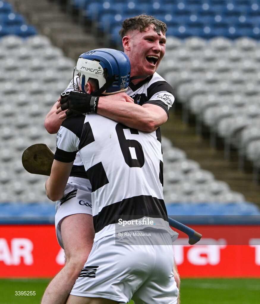 17 March 2026; Jake Mullen and Louis Raggett of St Kieran's College celebrate after the Masita GAA Post Primary Schools Croke Cup final match between Presentation College Athenry, Galway, and St Kieran's College, Kilkenny, at Croke Park in Dublin. Photo by Ray McManus/Sportsfile