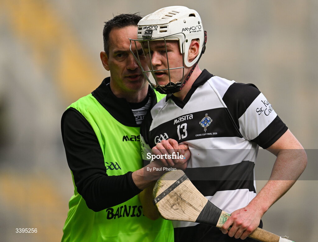17 March 2026; St Kieran's College manager Brian Dowling  shakes hands with Conor Holohan of St Kieran's College during the Masita GAA Post Primary Schools Croke Cup final match between Presentation College Athenry, Galway, and St Kieran's College, Kilkenny, at Croke Park in Dublin. Photo by Paul Phelan/Sportsfile