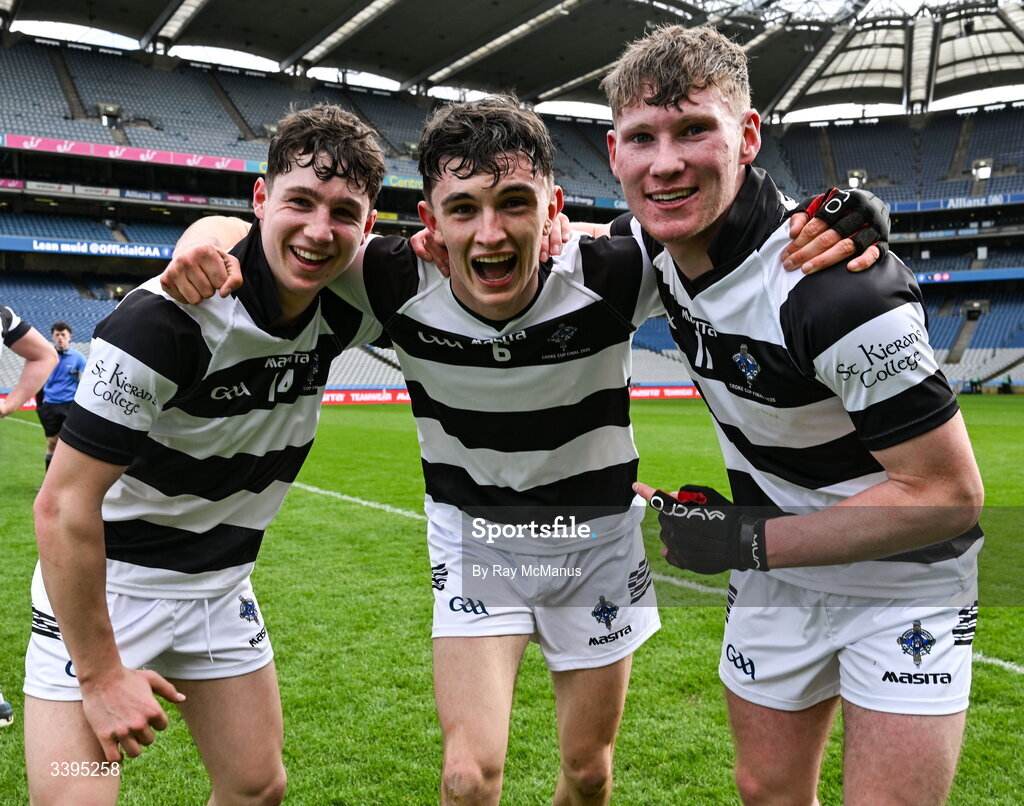 17 March 2026; St Kieran's College players, left to right, Fionn Mahony, Louis Raggett and Jake Mullen celebrate victory in the Masita GAA Post Primary Schools Croke Cup final match between Presentation College Athenry, Galway, and St Kieran's College, Kilkenny, at Croke Park in Dublin. Photo by Ray McManus/Sportsfile