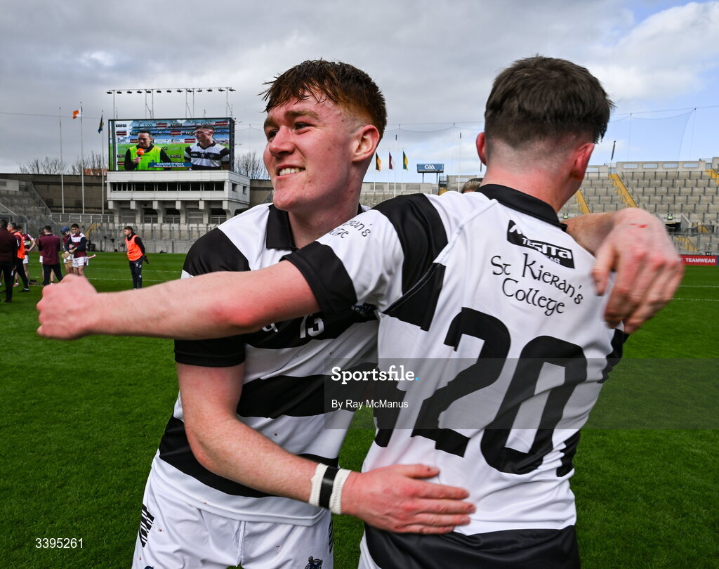 17 March 2026; St Kieran's College players Conor Holohan, left, and Brian Hickey celebrate victory in the Masita GAA Post Primary Schools Croke Cup final match between Presentation College Athenry, Galway, and St Kieran's College, Kilkenny, at Croke Park in Dublin. Photo by Ray McManus/Sportsfile