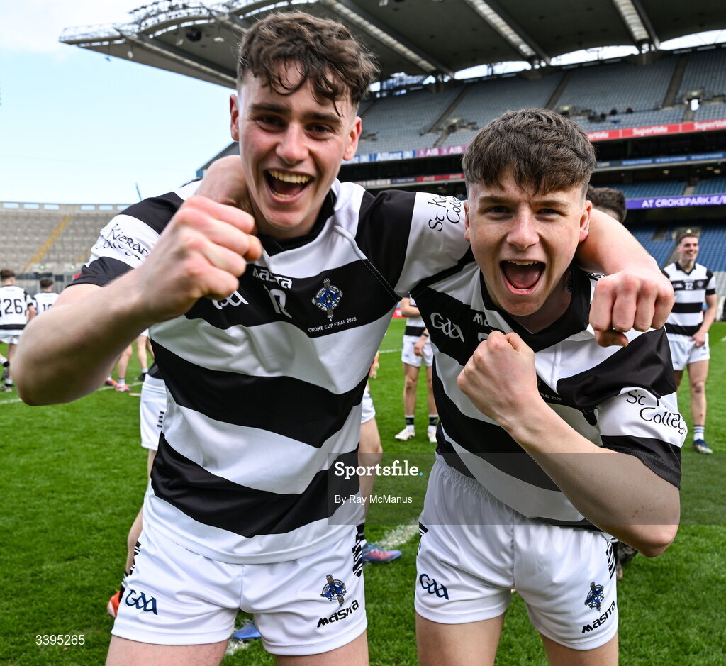 17 March 2026; Dan Carroll, left, and Rory Glynn of St Kieran's College celebrate victory after the Masita GAA Post Primary Schools Croke Cup final match between Presentation College Athenry, Galway, and St Kieran's College, Kilkenny, at Croke Park in Dublin. Photo by Ray McManus/Sportsfile