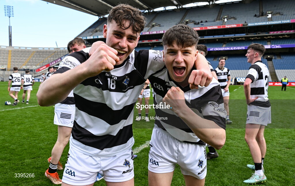 17 March 2026; Dan Carroll, left, and Rory Glynn of St Kieran's College celebrate victory after the Masita GAA Post Primary Schools Croke Cup final match between Presentation College Athenry, Galway, and St Kieran's College, Kilkenny, at Croke Park in Dublin. Photo by Ray McManus/Sportsfile