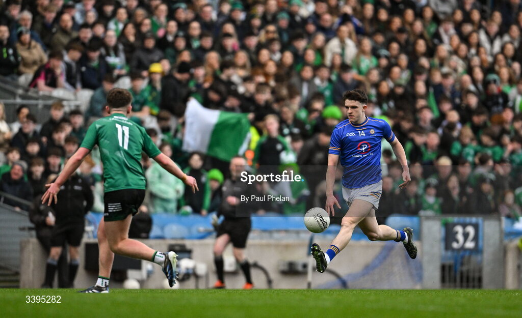17 March 2026; Gearóid White of Tralee CBS faces up to Kian Loughlin of Coláiste Mhuire, Mullingar, during the Masita GAA Post Primary Schools Hogan Cup final match between Coláiste Mhuire Mullingar, Westmeath, and Tralee CBS, Kerry, at Croke Park in Dublin. Photo by Paul Phelan/Sportsfile