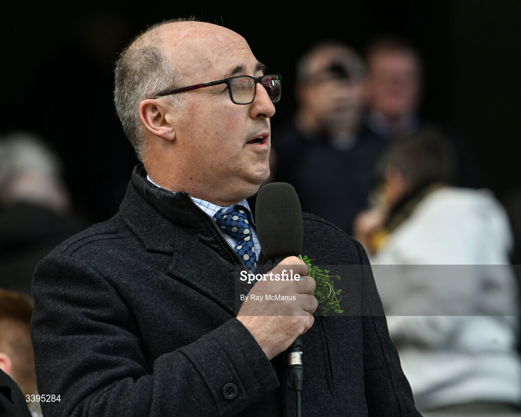 17 March 2026; Liam O'Mahony, Chairperson of the National Post Primary Schools Committee speaking at the Masita GAA Post Primary Schools Croke Cup final match between Presentation College Athenry, Galway, and St Kieran's College, Kilkenny, at Croke Park in Dublin. Photo by Ray McManus/Sportsfile