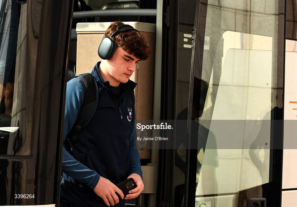 20 March 2026; Gabriel Kelly of St Michael's College arrives ahead of the Bank of Ireland Leinster Rugby Boys Schools Junior Cup final match between St Mary's College and St Michael's College at Energia Park in Dublin. Photo by Jamie O'Brien/Sportsfile