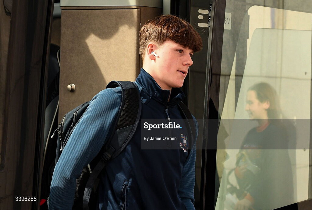 20 March 2026; Tommy Asple of St Michael's College arrives ahead of the Bank of Ireland Leinster Rugby Boys Schools Junior Cup final match between St Mary's College and St Michael's College at Energia Park in Dublin. Photo by Jamie O'Brien/Sportsfile