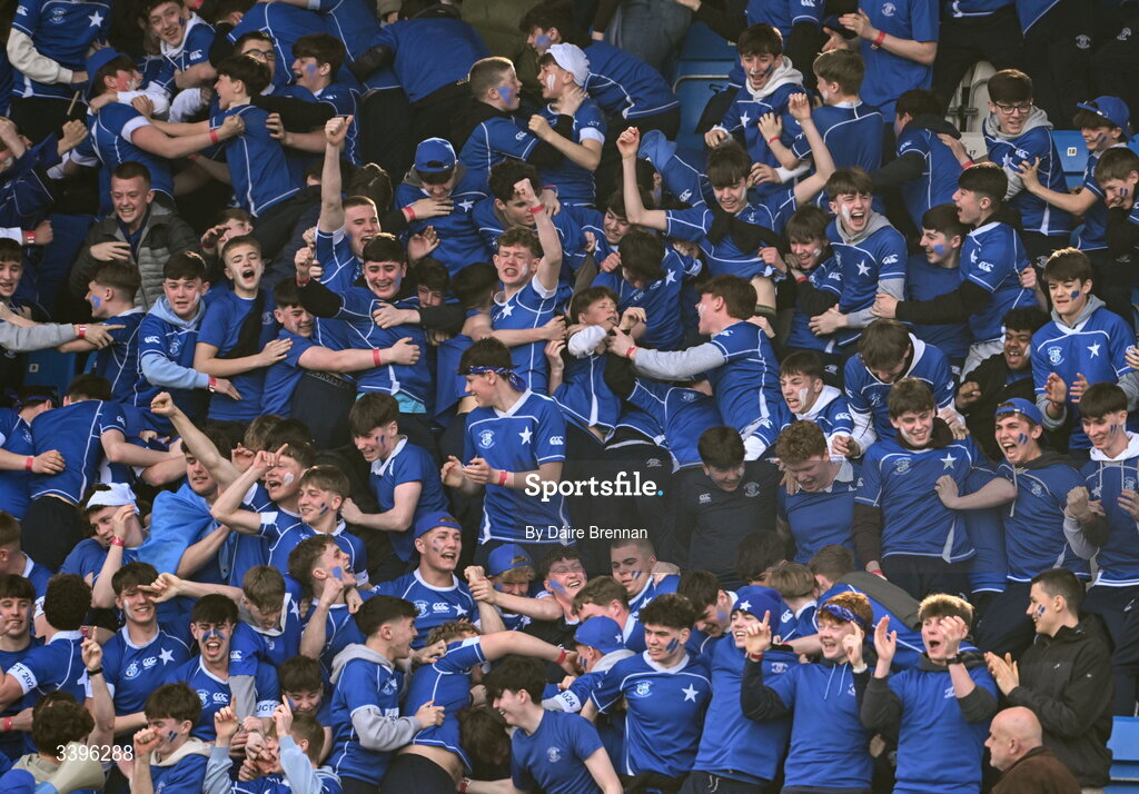 20 March 2026; St Mary's College supporters celebrate their side's first try during the Bank of Ireland Leinster Rugby Boys Schools Junior Cup final match between St Mary's College and St Michael's College at Energia Park in Dublin. Photo by Daire Brennan/Sportsfile