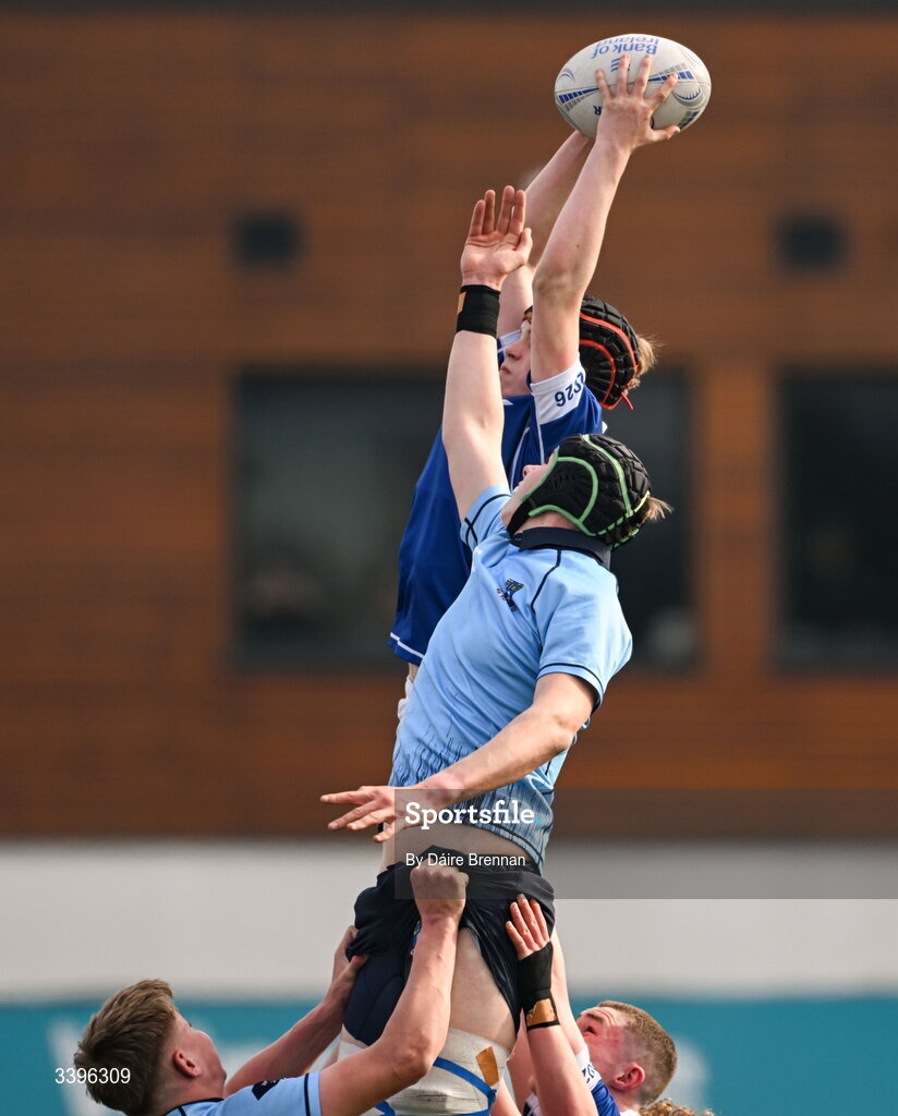 20 March 2026; Max Hoey of St Mary’s College wins the ball in a line-out ahead of Hugh Draper of St Michael’s College during the Bank of Ireland Leinster Rugby Boys Schools Junior Cup final match between St Mary's College and St Michael's College at Energia Park in Dublin. Photo by Daire Brennan/Sportsfile