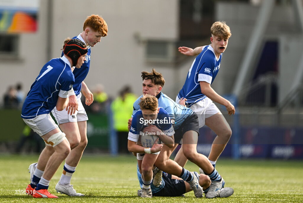 20 March 2026; Danny Bishop of St Mary’s College is tackled by Charlie Endall of St Michael’s College during the Bank of Ireland Leinster Rugby Boys Schools Junior Cup final match between St Mary's College and St Michael's College at Energia Park in Dublin. Photo by Daire Brennan/Sportsfile
