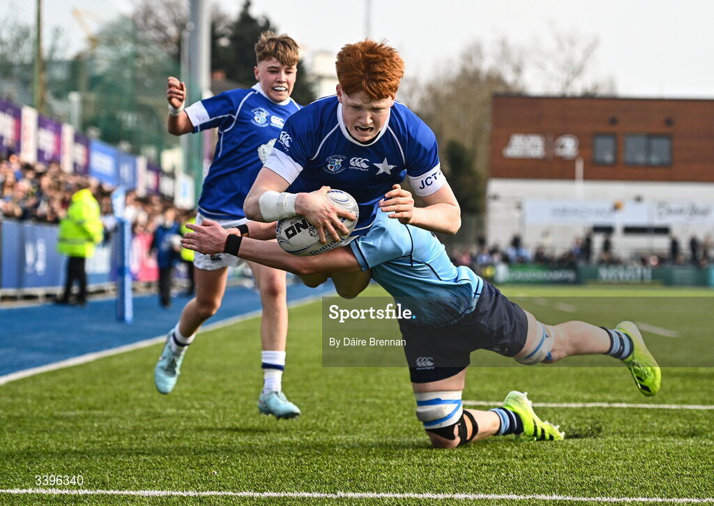 20 March 2026; Adam Smyth of St Mary’s College scores his side's second try during the Bank of Ireland Leinster Rugby Boys Schools Junior Cup final match between St Mary's College and St Michael's College at Energia Park in Dublin. Photo by Daire Brennan/Sportsfile