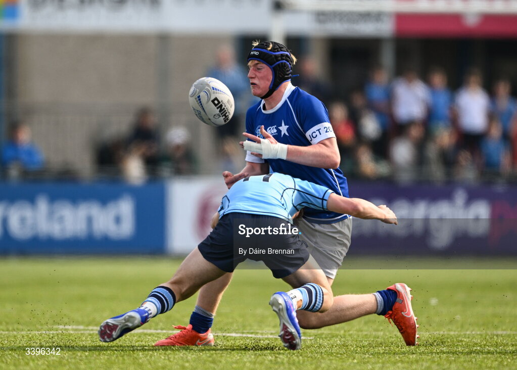 20 March 2026; Peter O'Neill of St Mary’s College is tackled by Gabriel Kelly of St Michael’s College during the Bank of Ireland Leinster Rugby Boys Schools Junior Cup final match between St Mary's College and St Michael's College at Energia Park in Dublin. Photo by Daire Brennan/Sportsfile