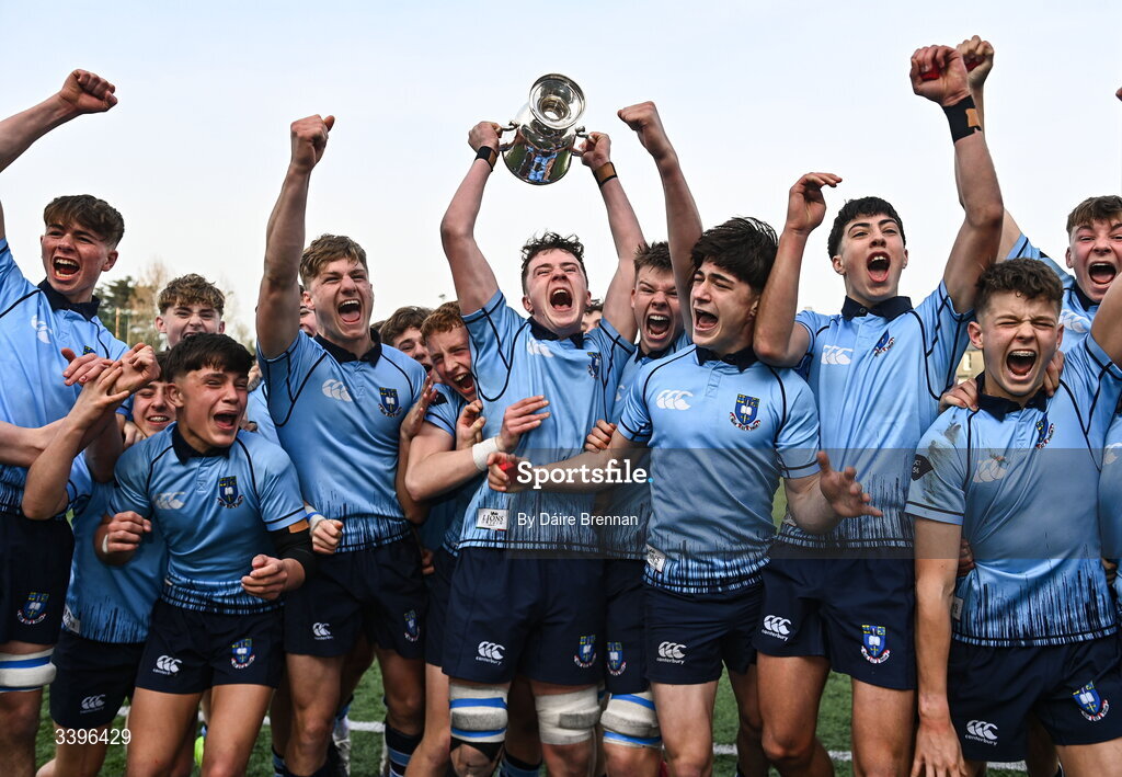 20 March 2026; St Michael's College captain Ryan O’Malley lifts the cup after the Bank of Ireland Leinster Rugby Boys Schools Junior Cup final match between St Mary's College and St Michael's College at Energia Park in Dublin. Photo by Daire Brennan/Sportsfile