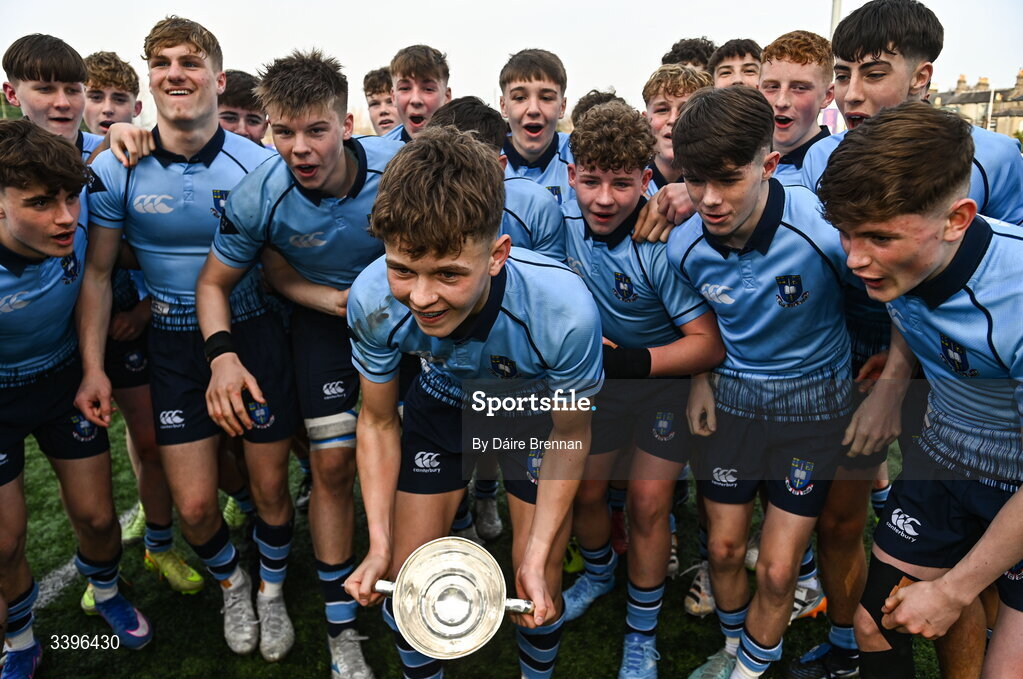 20 March 2026; John Gunne of St Michael’s College celebrates with the cup after the Bank of Ireland Leinster Rugby Boys Schools Junior Cup final match between St Mary's College and St Michael's College at Energia Park in Dublin. Photo by Daire Brennan/Sportsfile