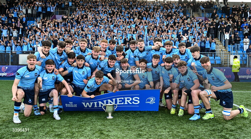 20 March 2026; St Michael's College players and supporters celebrate with the cup after the Bank of Ireland Leinster Rugby Boys Schools Junior Cup final match between St Mary's College and St Michael's College at Energia Park in Dublin. Photo by Daire Brennan/Sportsfile
