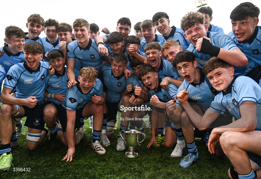 20 March 2026; St Michael's College players celebrate with the cup after the Bank of Ireland Leinster Rugby Boys Schools Junior Cup final match between St Mary's College and St Michael's College at Energia Park in Dublin. Photo by Daire Brennan/Sportsfile