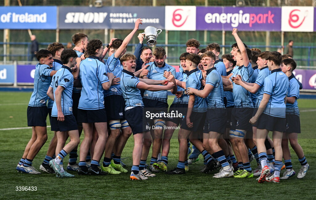 20 March 2026; St Michael's College head coach Éanna Clynes celebrates with the cup after the Bank of Ireland Leinster Rugby Boys Schools Junior Cup final match between St Mary's College and St Michael's College at Energia Park in Dublin. Photo by Daire Brennan/Sportsfile