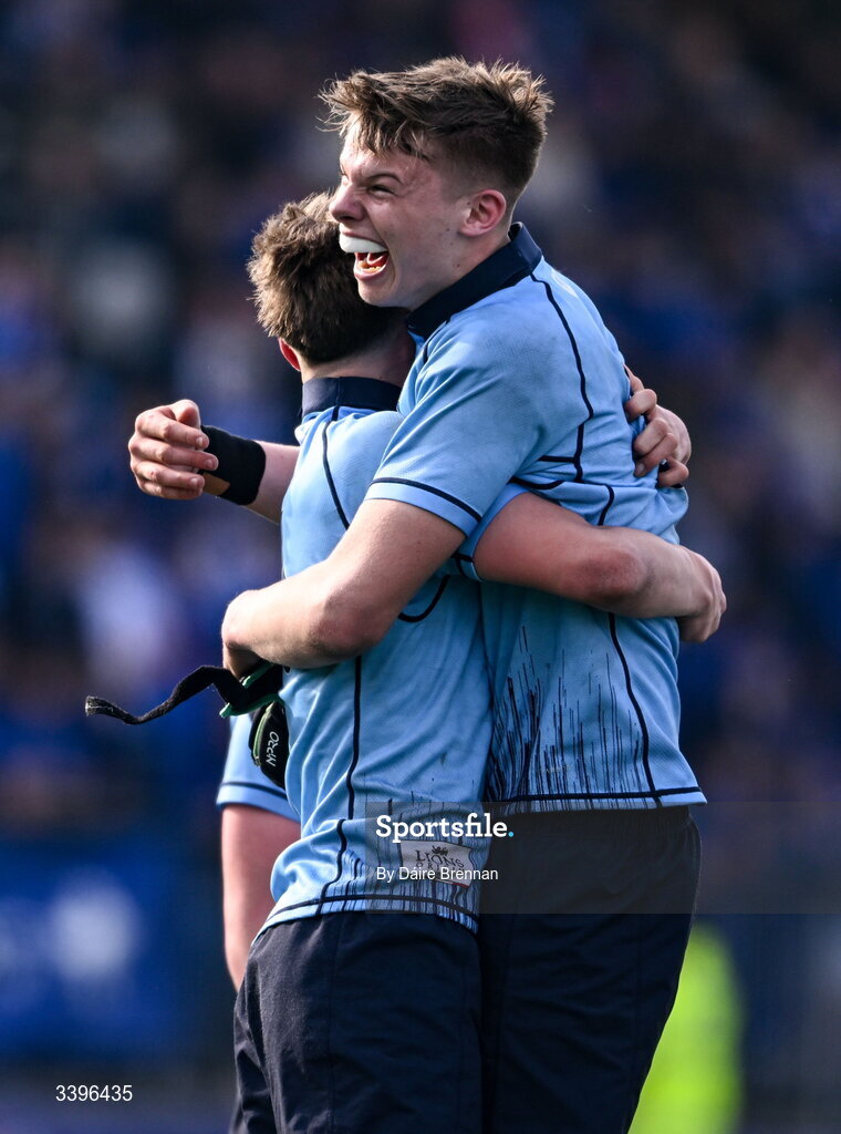 20 March 2026; Louis Marsh, left, and Hugh Draper of St Michael’s College celebrate after the Bank of Ireland Leinster Rugby Boys Schools Junior Cup final match between St Mary's College and St Michael's College at Energia Park in Dublin. Photo by Daire Brennan/Sportsfile