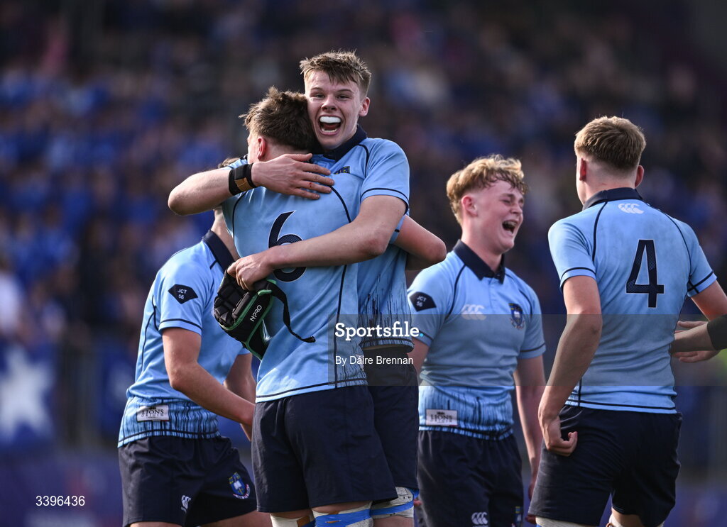 20 March 2026; Louis Marsh, left, and Hugh Draper of St Michael’s College celebrate after the Bank of Ireland Leinster Rugby Boys Schools Junior Cup final match between St Mary's College and St Michael's College at Energia Park in Dublin. Photo by Daire Brennan/Sportsfile