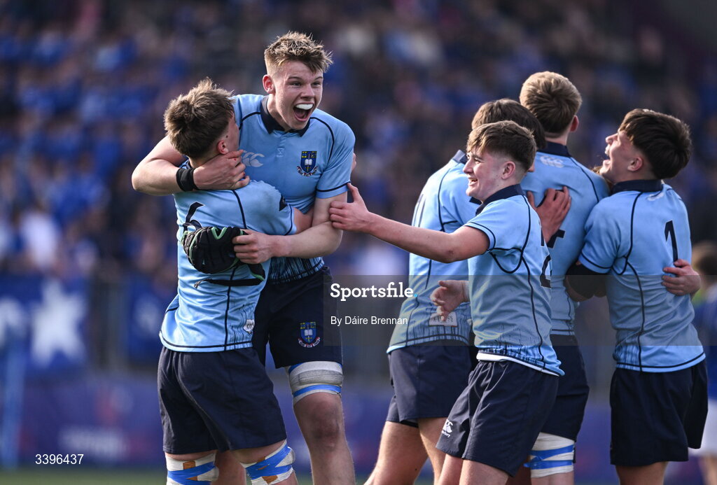 20 March 2026; Louis Marsh, left, and Hugh Draper of St Michael’s College celebrate after the Bank of Ireland Leinster Rugby Boys Schools Junior Cup final match between St Mary's College and St Michael's College at Energia Park in Dublin. Photo by Daire Brennan/Sportsfile