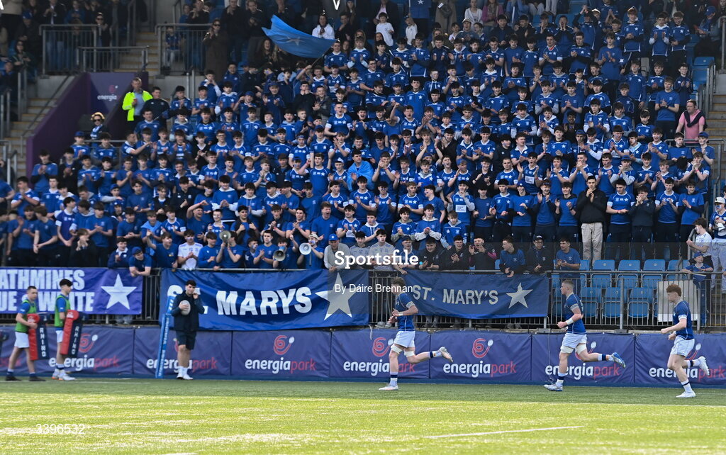 20 March 2026; Finn McEntee of St Mary’s College leads his side out ahead of the Bank of Ireland Leinster Rugby Boys Schools Junior Cup final match between St Mary's College and St Michael's College at Energia Park in Dublin. Photo by Daire Brennan/Sportsfile