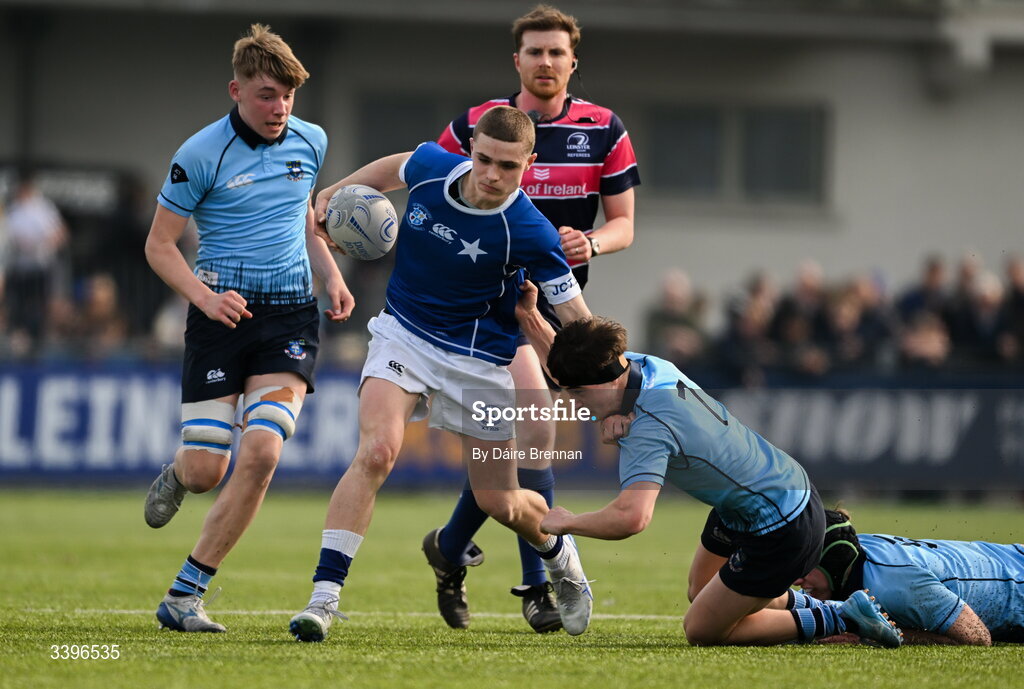 20 March 2026; Nicholas Crawley of St Mary’s College is tackled by CJ Rowell of St Michael’s College during the Bank of Ireland Leinster Rugby Boys Schools Junior Cup final match between St Mary's College and St Michael's College at Energia Park in Dublin. Photo by Daire Brennan/Sportsfile