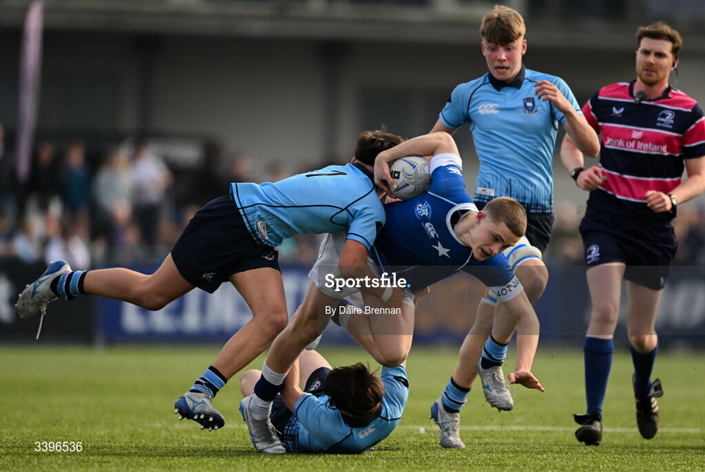 20 March 2026; Nicholas Crawley of St Mary’s College is tackled by Charlie Endall of St Michael’s College during the Bank of Ireland Leinster Rugby Boys Schools Junior Cup final match between St Mary's College and St Michael's College at Energia Park in Dublin. Photo by Daire Brennan/Sportsfile
