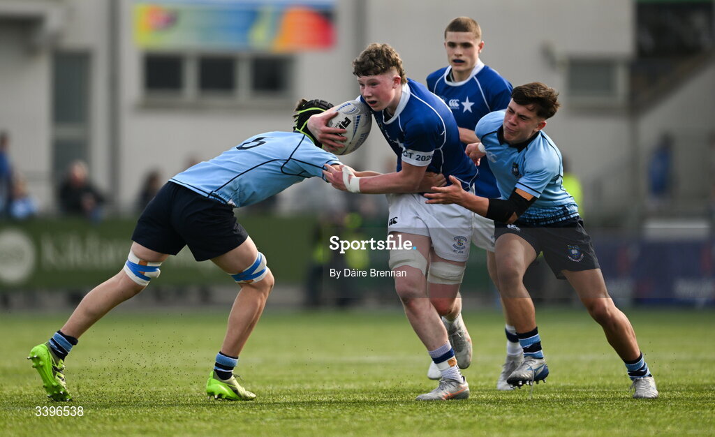 20 March 2026; Finn McEntee of St Mary’s College is tackled by Louis Marsh of St Michael’s College during the Bank of Ireland Leinster Rugby Boys Schools Junior Cup final match between St Mary's College and St Michael's College at Energia Park in Dublin. Photo by Daire Brennan/Sportsfile