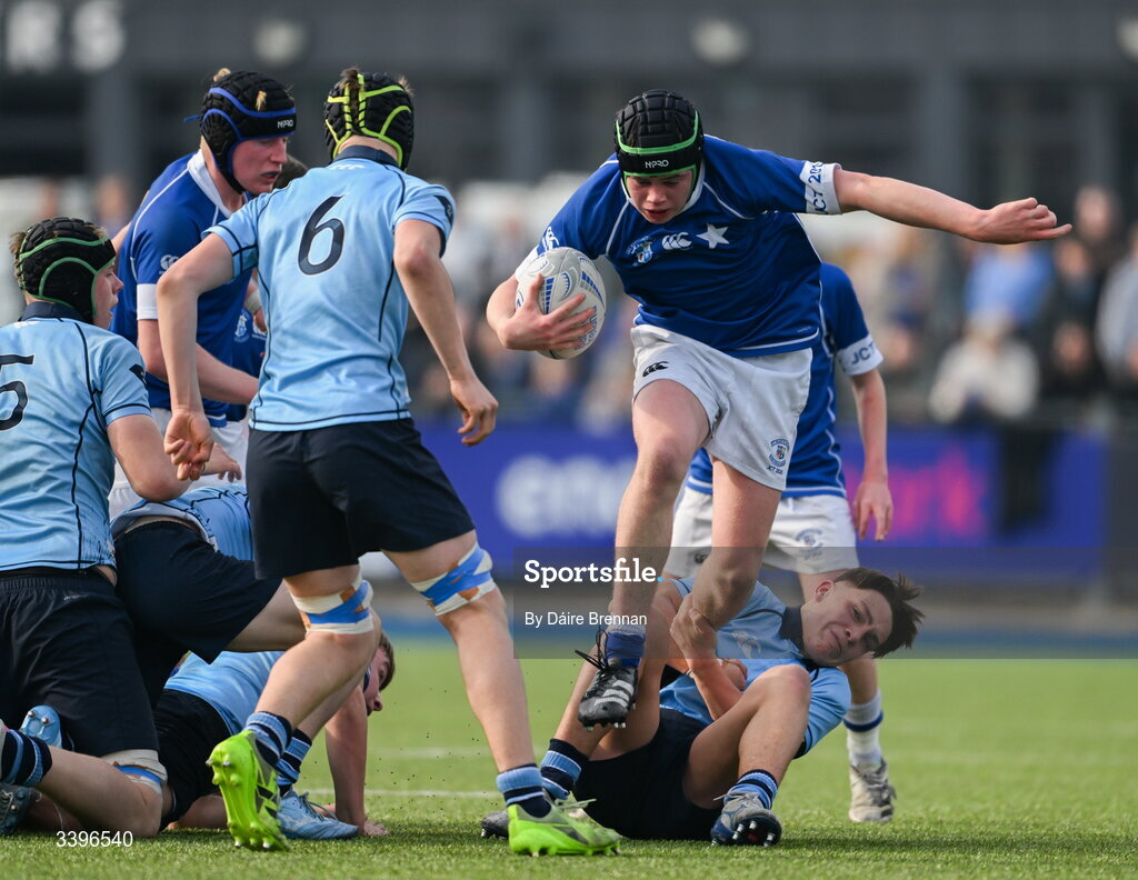 20 March 2026; Frankie Ward of St Mary’s College during the Bank of Ireland Leinster Rugby Boys Schools Junior Cup final match between St Mary's College and St Michael's College at Energia Park in Dublin. Photo by Daire Brennan/Sportsfile