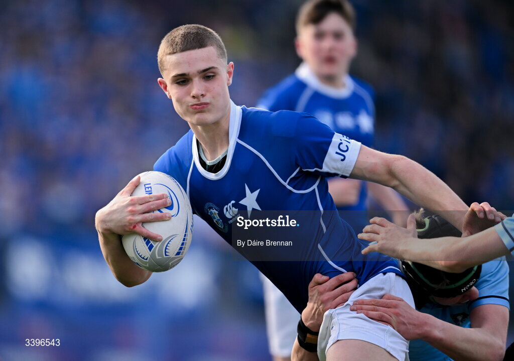 20 March 2026; Nicholas Crawley of St Mary’s College is tackled by Hugh Draper of St Michael’s College during the Bank of Ireland Leinster Rugby Boys Schools Junior Cup final match between St Mary's College and St Michael's College at Energia Park in Dublin. Photo by Daire Brennan/Sportsfile